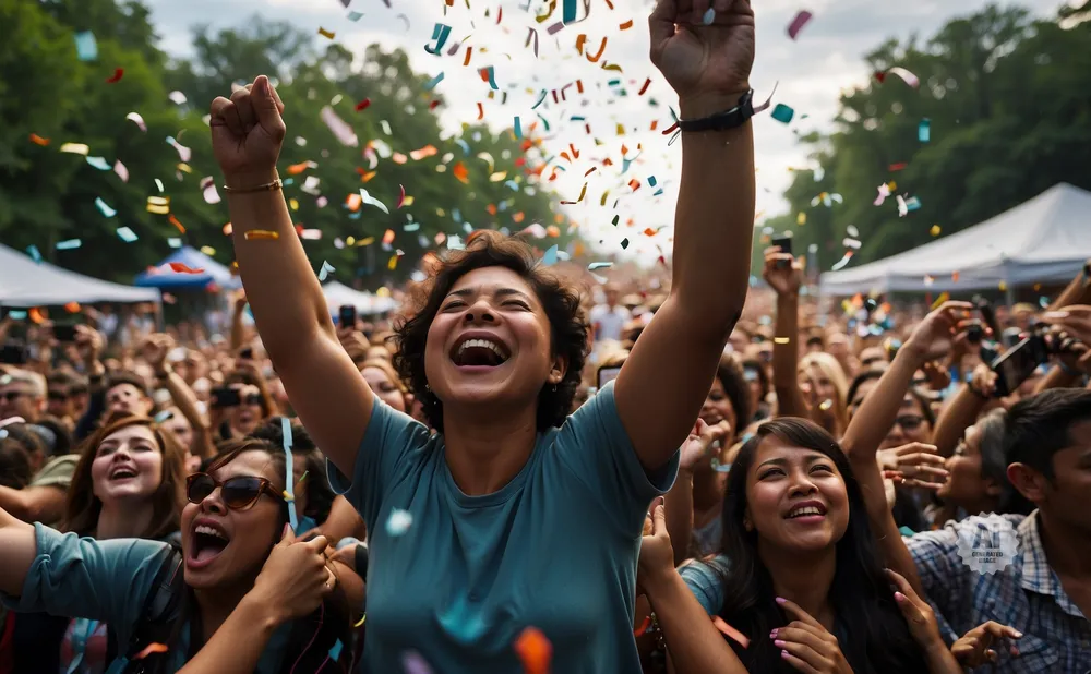 A diverse crowd at an outdoor concert erupts with joy as confetti rains down.