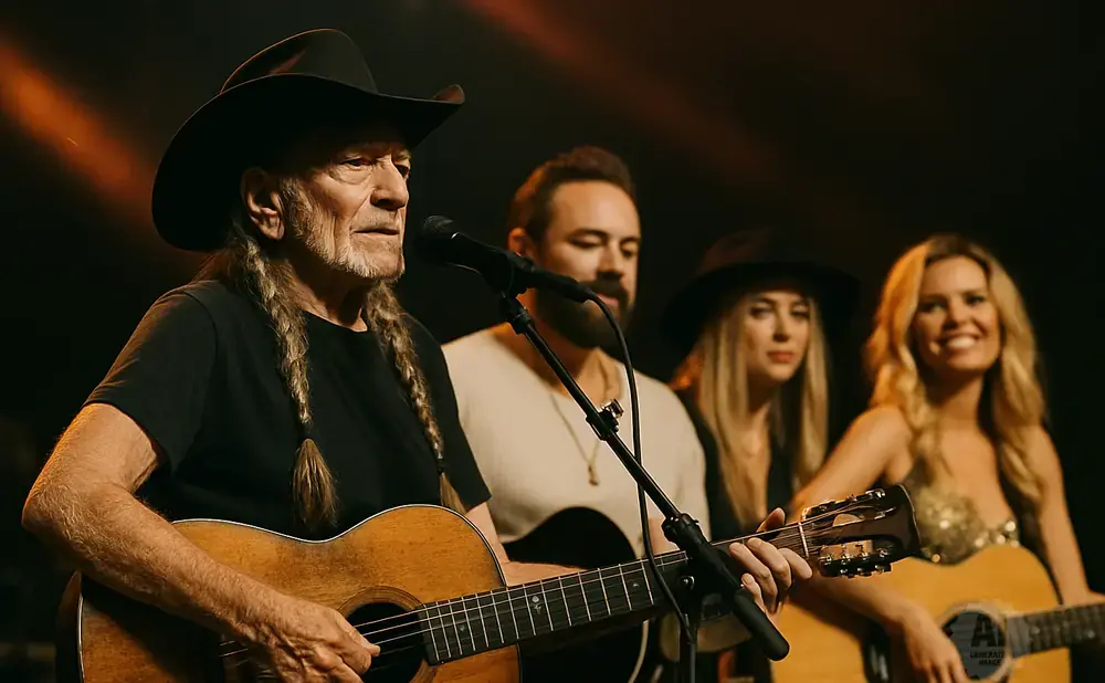 Willie Nelson and band perform on stage with guitars.