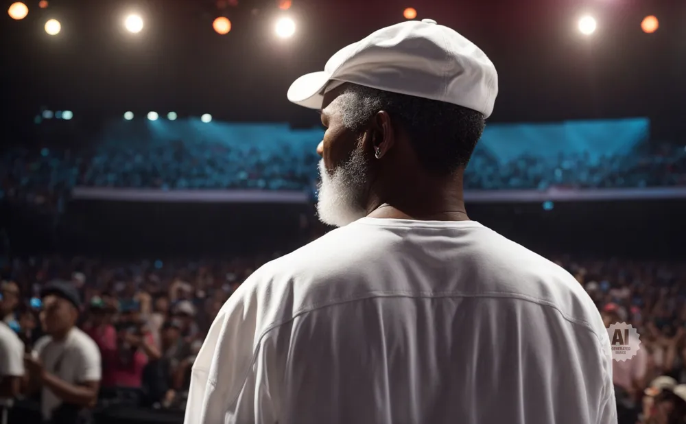 A Black man in a white hat and t-shirt stands on a stage, facing away from the camera, with a blurred audience in the background.