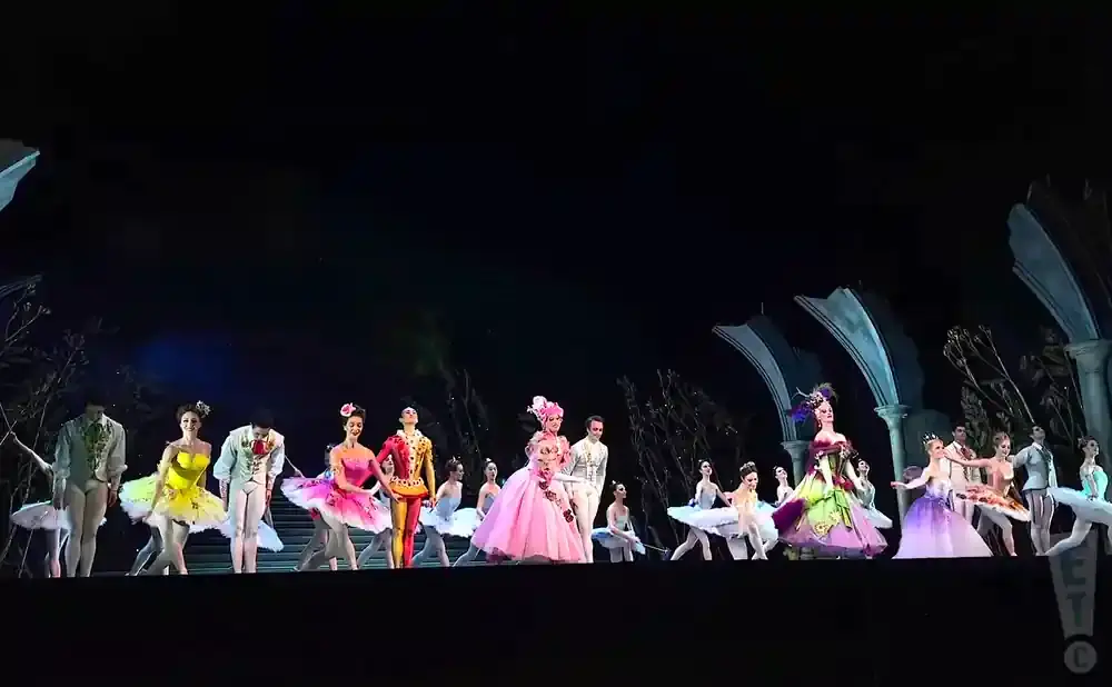 A ballet company performs on stage with elaborate costumes and set.