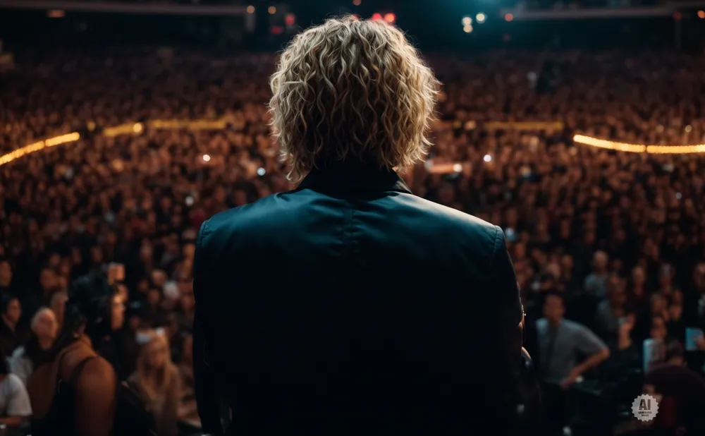 A person with curly blonde hair stands facing a large, blurred crowd in an arena.