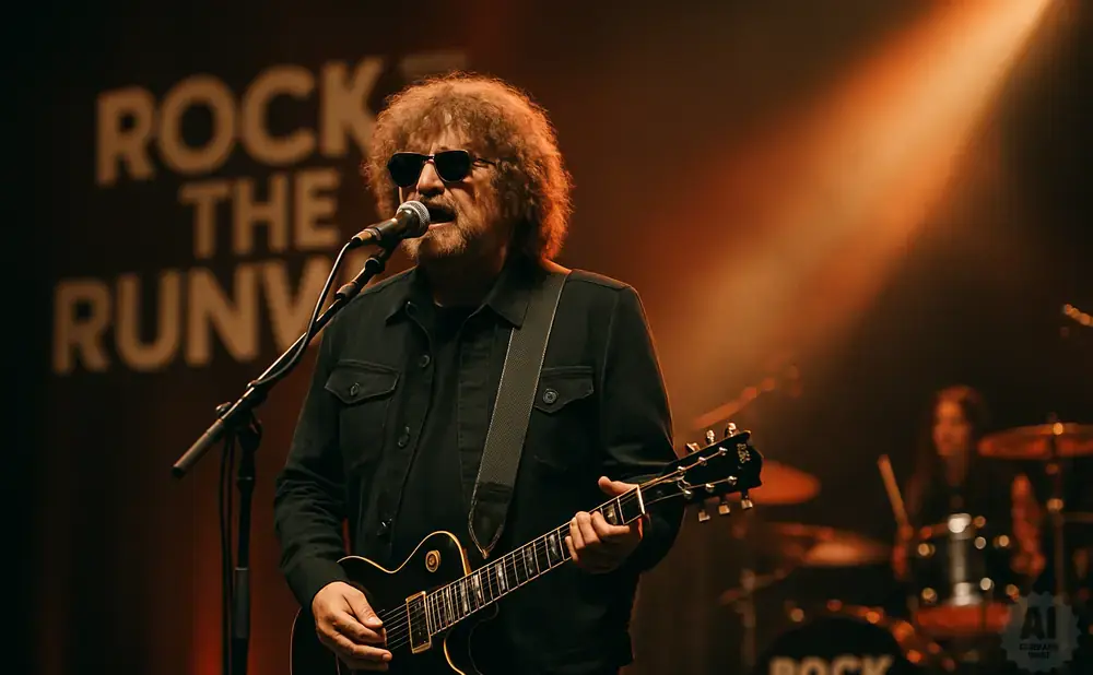 A man with a curly wig and sunglasses plays a black electric guitar and sings into a microphone on stage.