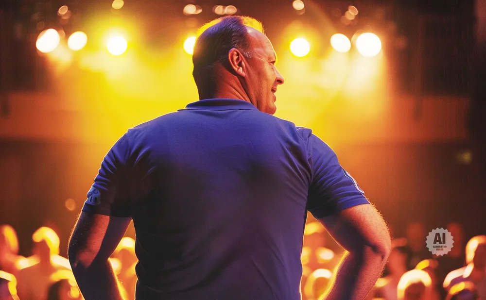 Man in blue shirt on stage with bright yellow lights behind him and blurred audience below.