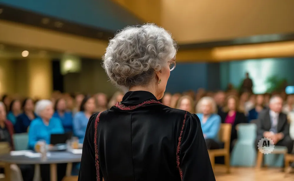 Woman with gray curly hair giving a speech to an audience.