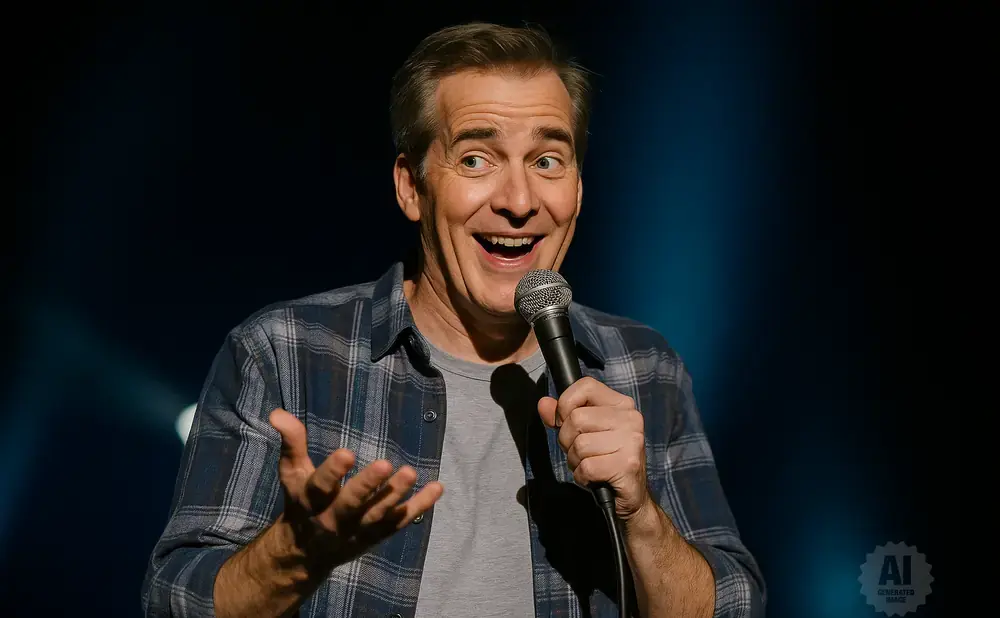 Comedian Mike Birbiglia performs onstage with a microphone, wearing a plaid shirt and a gray t-shirt.