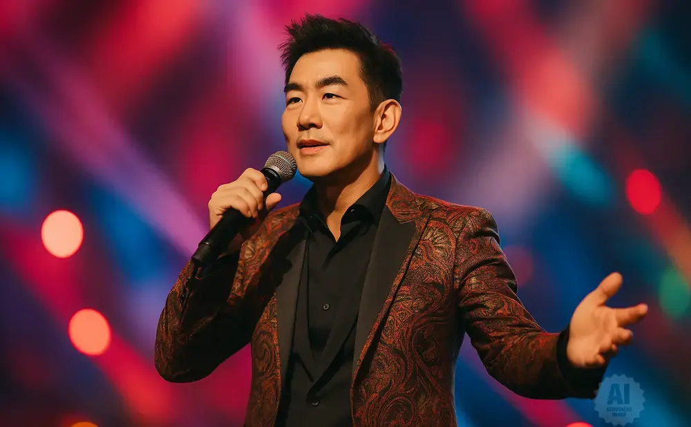 A man in a patterned jacket holds a microphone and gestures on a colorful, spotlighted stage.