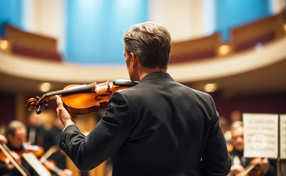 Conductor in a suit holds a violin, facing away from camera, with an orchestra blurred in the background.