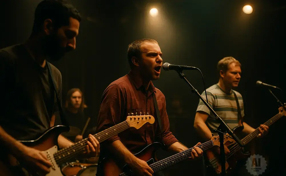 A band performs on stage under spotlights, with two guitarists, a bassist, and a drummer visible.