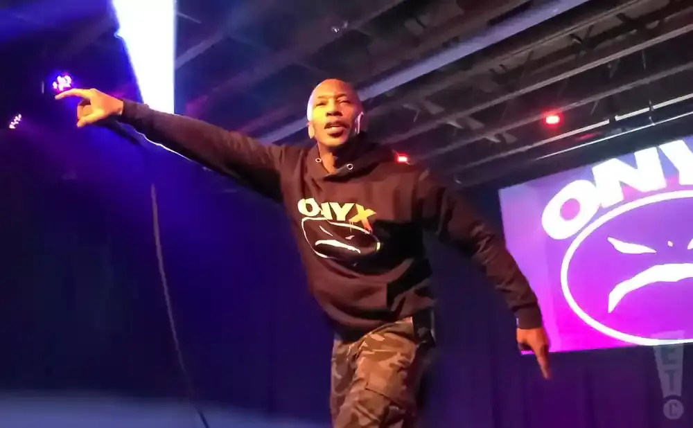 Rapper Fredro Starr of Onyx points to the crowd on a purple-lit stage.