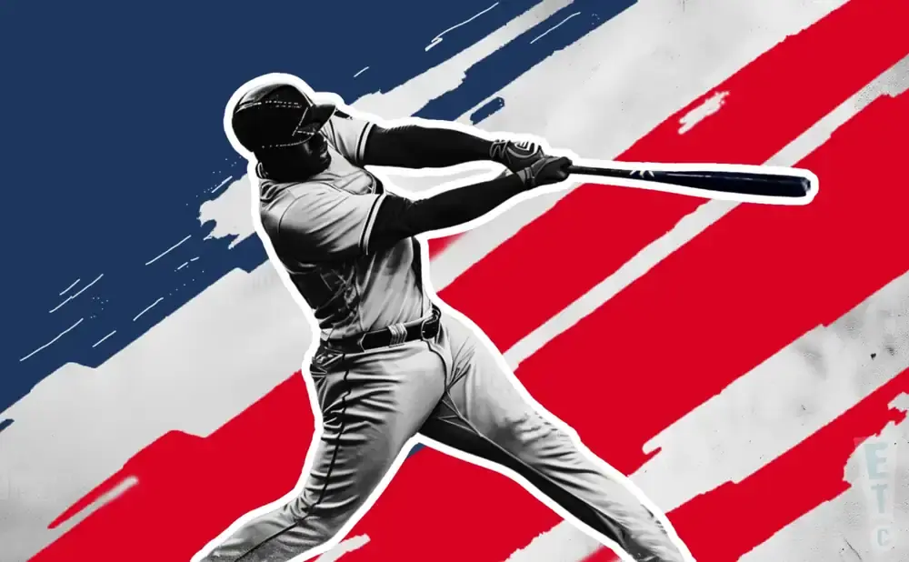 A baseball player swings a bat in front of a red and blue striped background.