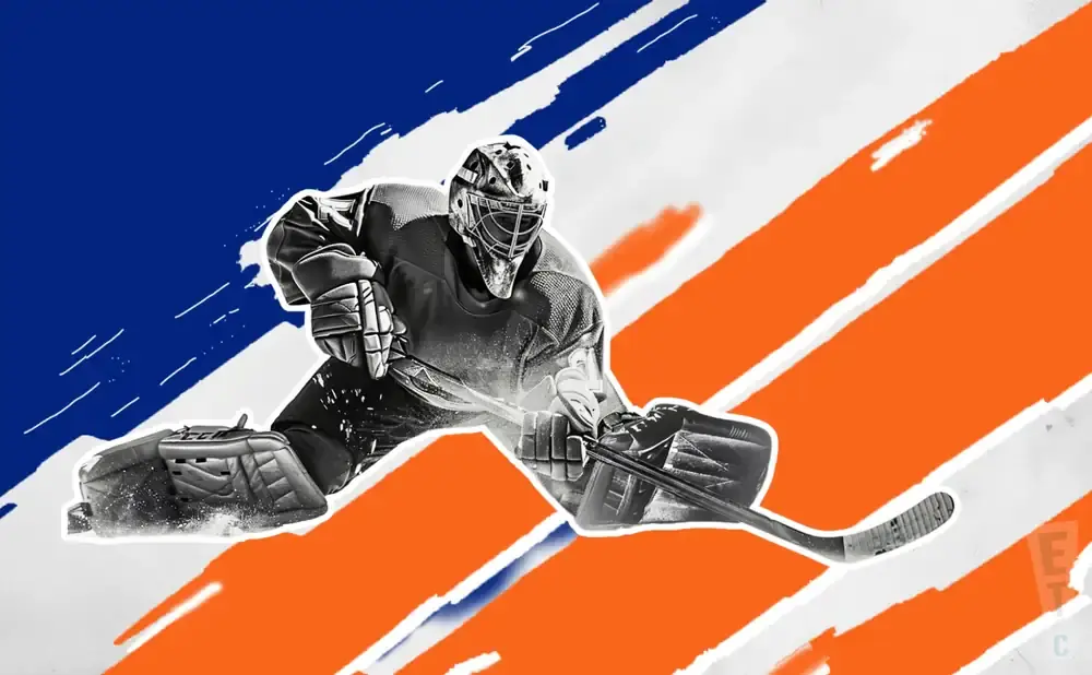 Hockey goalie in action against a colorful, abstract background.