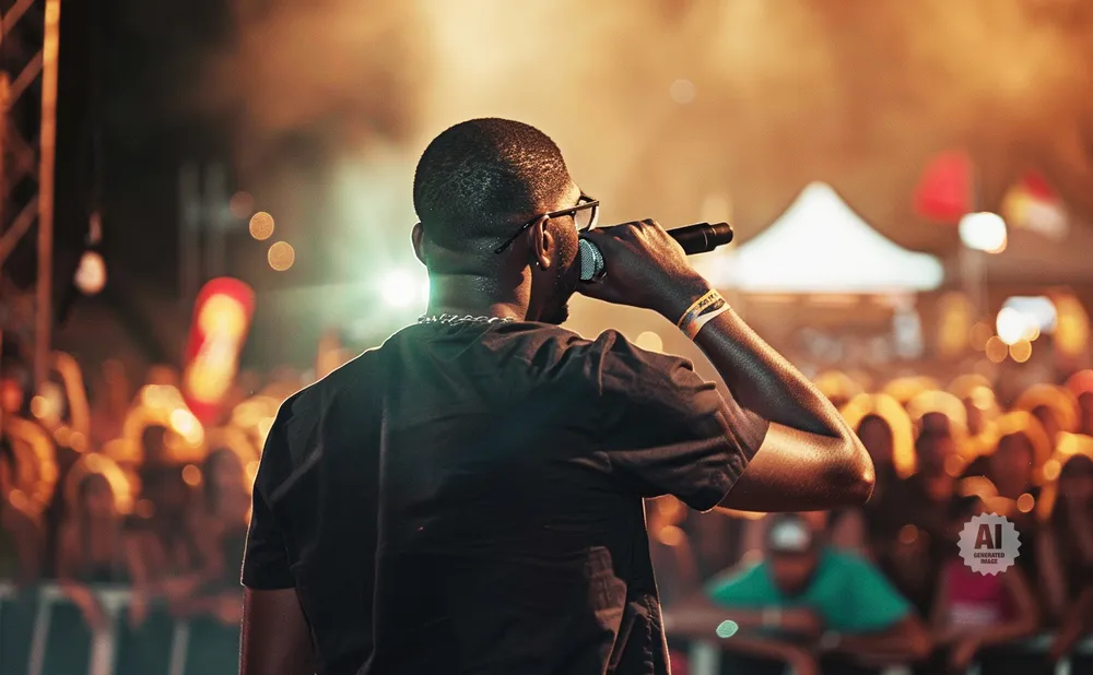 A performer on stage, facing away from the camera, holds a microphone to their mouth at an outdoor concert.
