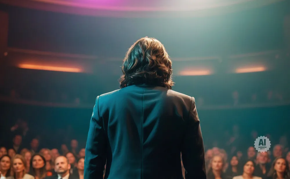 Person in a suit facing an audience under stage lights.