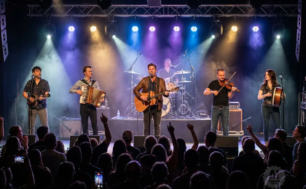 A band performs on stage with colorful lights, while a crowd watches from below.