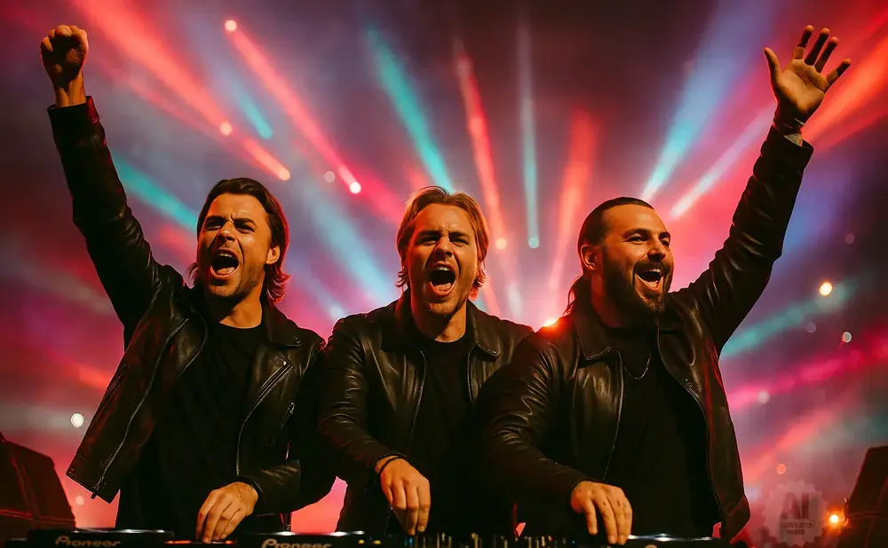 Three men in black leather jackets stand behind DJ equipment, with their arms raised and mouths open in celebration.