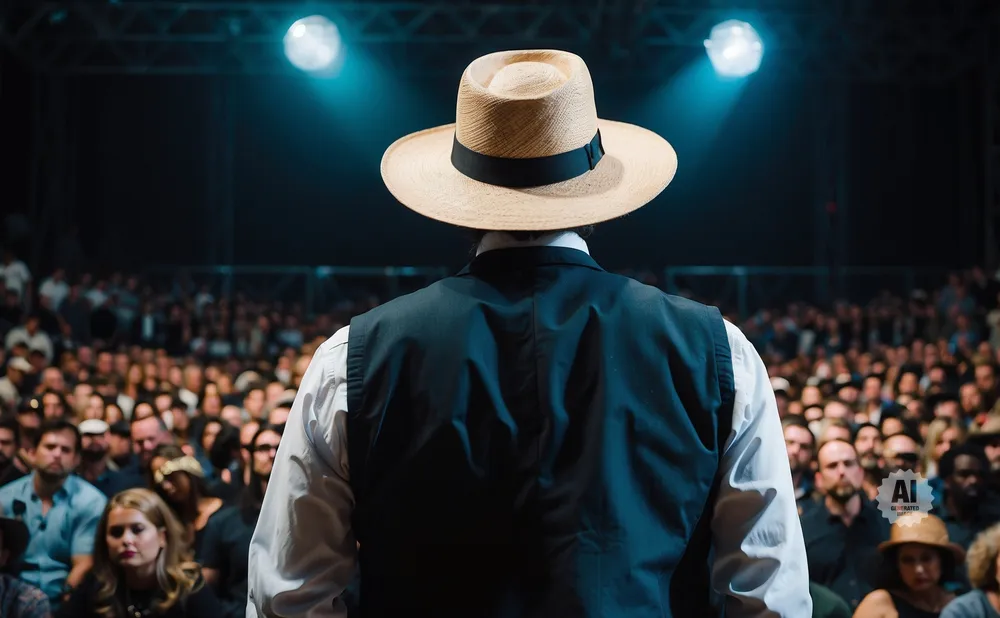Man in a hat and vest on stage faces a crowd.