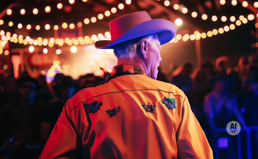 Man in a cowboy hat and orange shirt with embroidered designs stands with his back to the camera at a lively outdoor event with string lights.