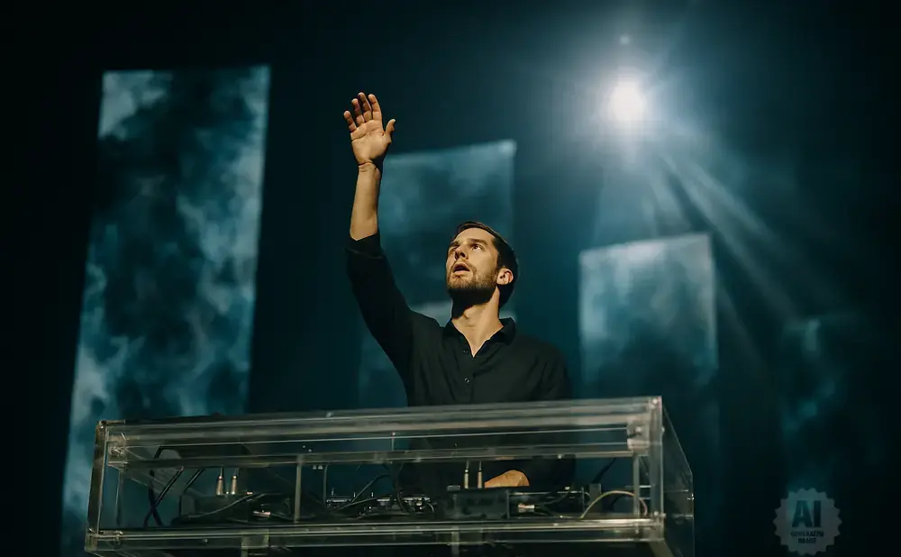 A DJ raises his hand in a dark, moody concert hall as spotlights shine down.