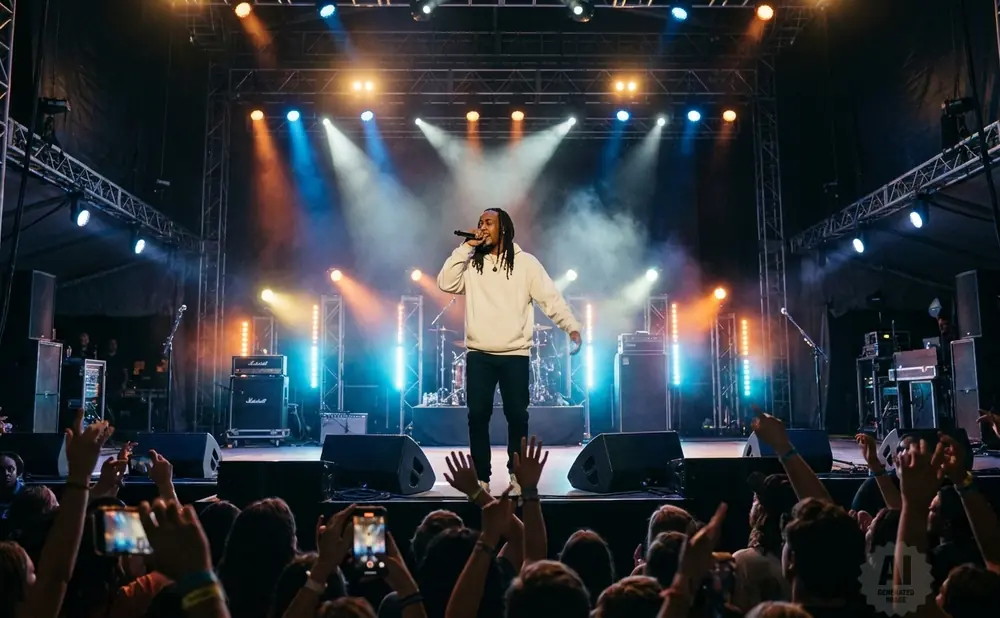 A male singer in a beige hoodie performs on a stage with blue and orange lights, while a crowd cheers below.