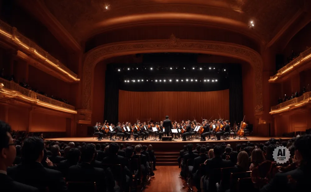 An orchestra plays on stage in a grand concert hall, with the audience visible in the foreground.