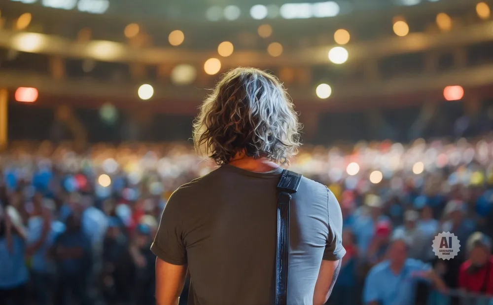 Back view of a person with curly hair on a stage, facing a blurred audience and stage lights.