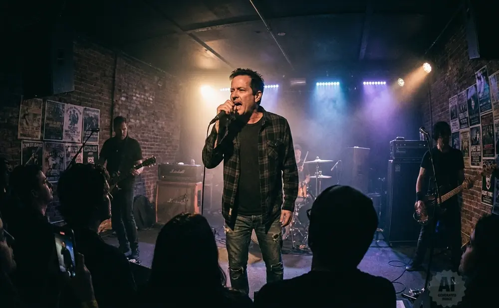 A band performs live in a dimly lit brick venue, with a singer in the foreground and audience members watching.