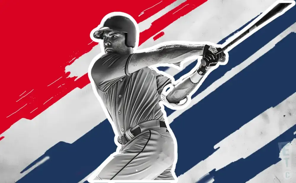 A baseball player swings a bat against a background of red, white, and blue stripes.