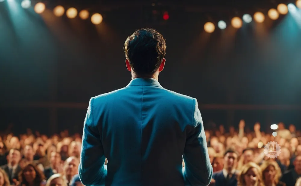 Man in a blue suit facing away from the camera, speaking to a large, attentive audience under stage lights.