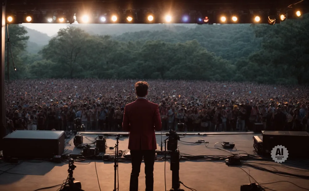 A man in a red jacket stands on a stage facing a large, cheering crowd outdoors.