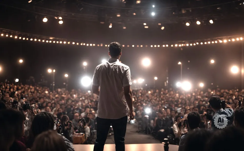A speaker stands on stage facing a large, seated audience under stage lights.