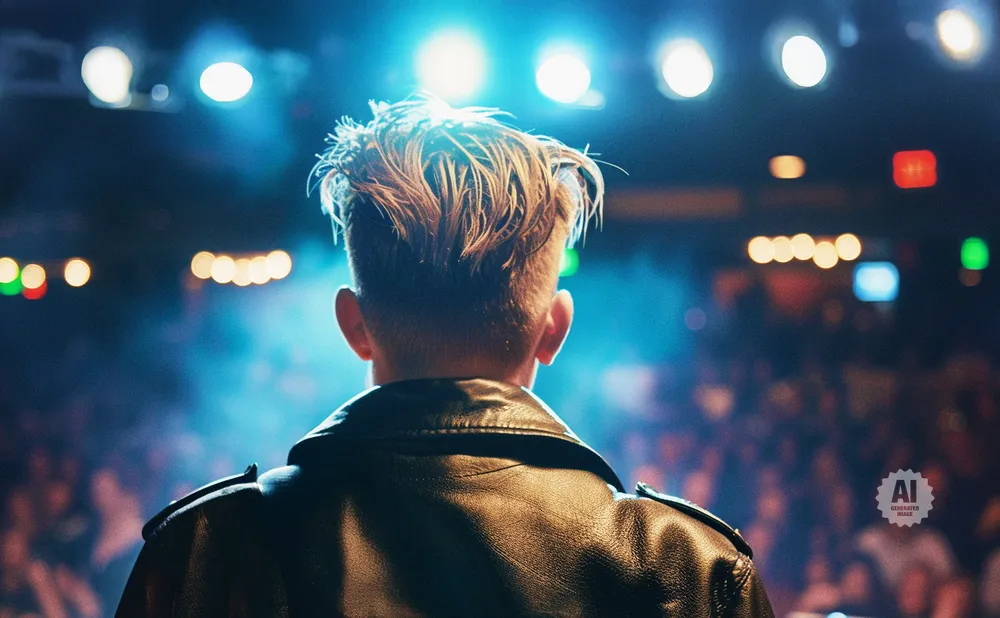Back view of a man with spiked hair in a leather jacket, facing a stage with bright lights and a blurred crowd.