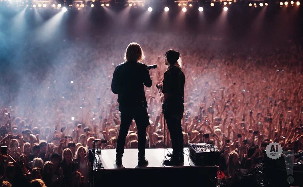 Two singers on stage with a microphone facing a large, cheering crowd, illuminated by stage lights.