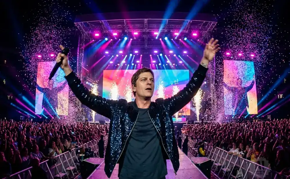 A male guitarist sings into a microphone on a stage with blue spotlights.