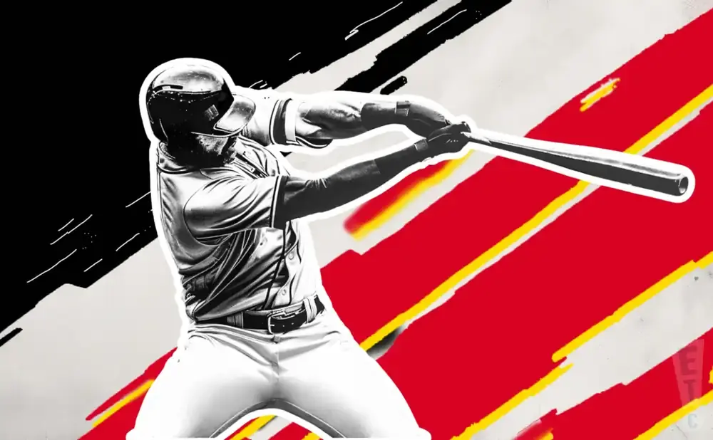 A baseball player in mid-swing against a stylized red, yellow, and black background.