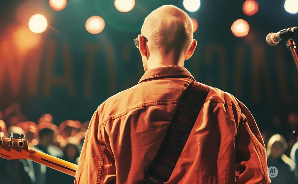 Man with shaved head plays guitar on stage, facing away from the camera, in front of a blurred crowd and bright lights.