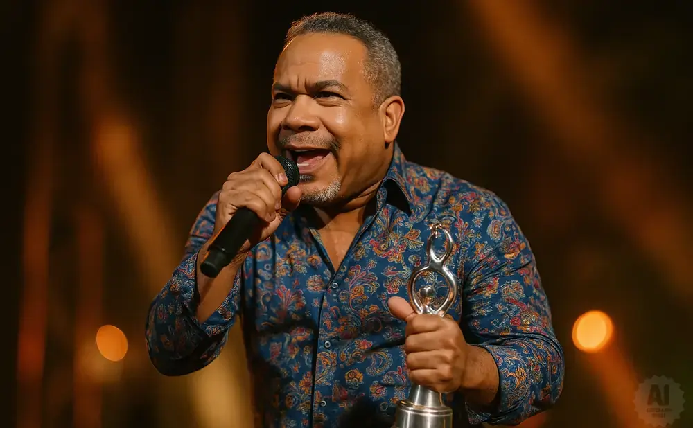 Man in a patterned shirt holds a microphone and an award, speaking into the mic.