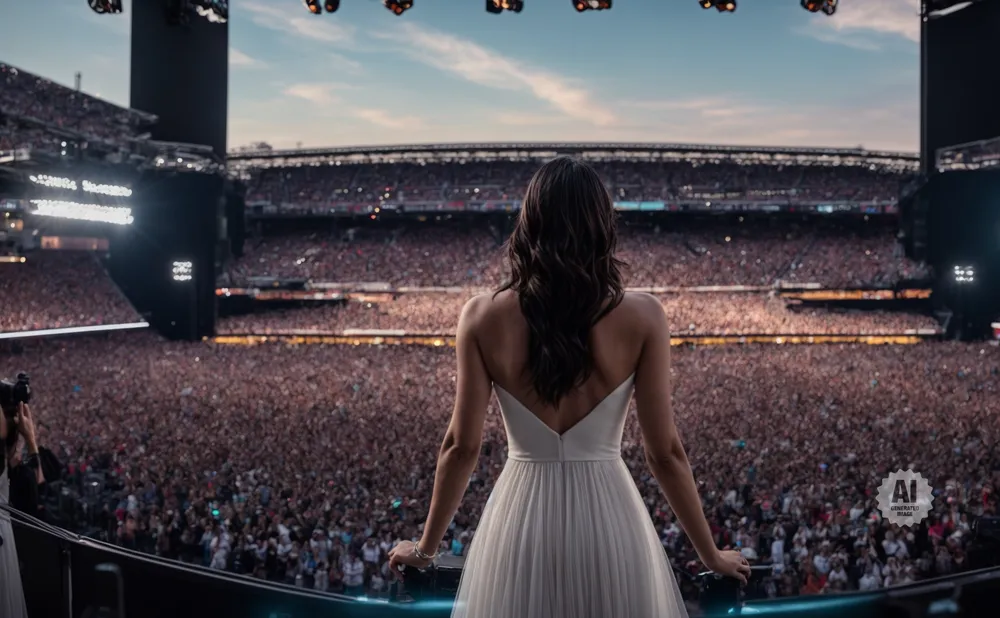A woman in a white dress stands on stage before a massive crowd in a stadium.