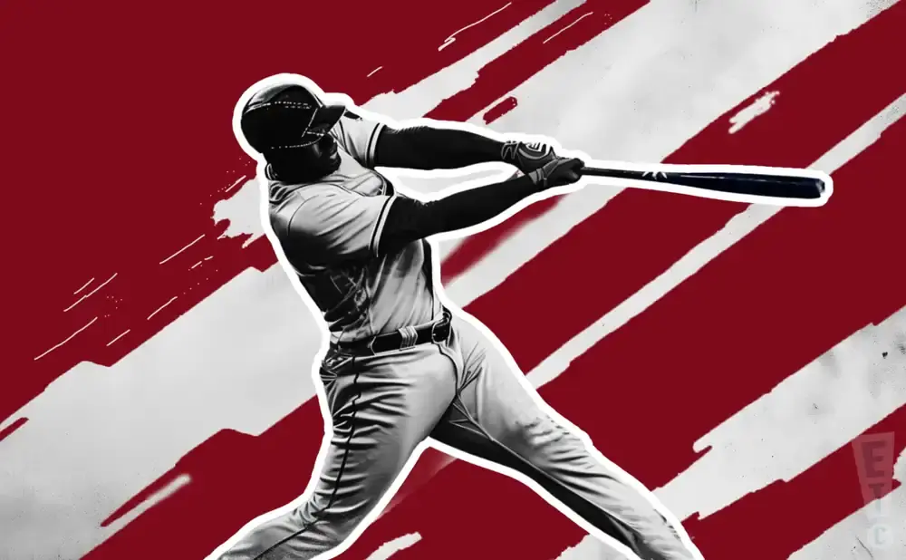 A baseball player in mid-swing against a red and white striped background.