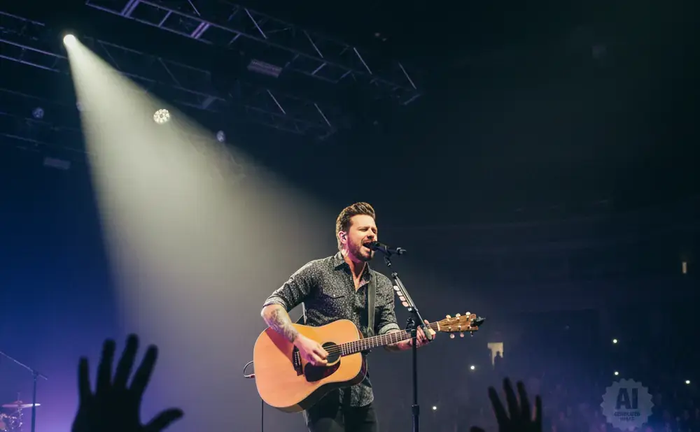 A male guitarist sings into a microphone on stage, illuminated by a spotlight.
