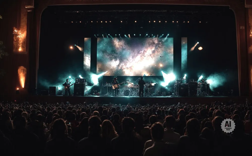 A band performs on stage with a nebula backdrop, to a large audience.