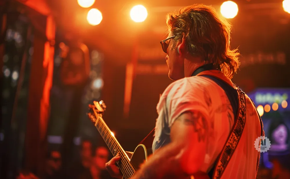 A guitarist in a white shirt plays an acoustic guitar on a brightly lit stage with red and orange lights.