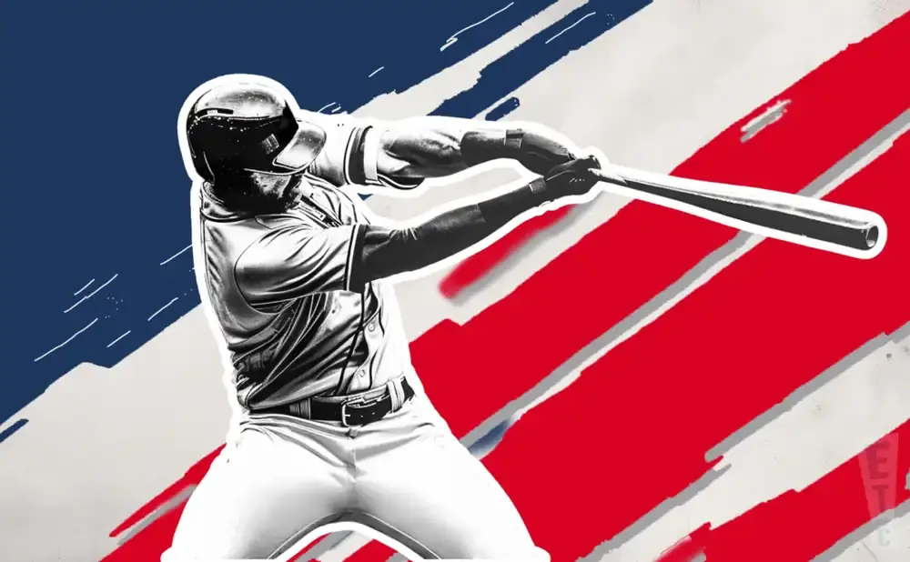 A black and white illustration of a baseball player swinging a bat against a red, white, and blue background.