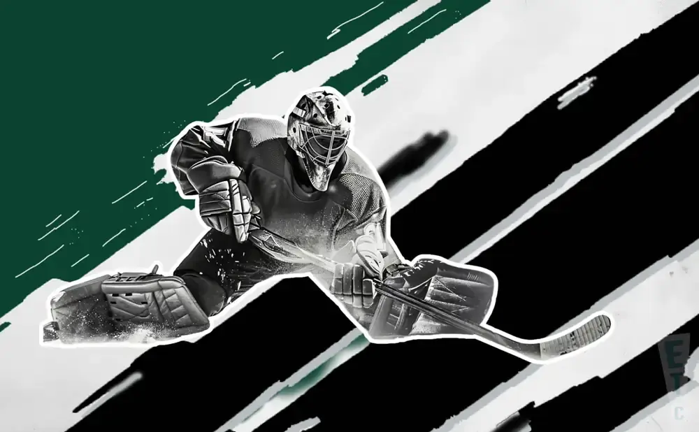 Black and white hockey goalie in a crouch, with green and black graphic elements.