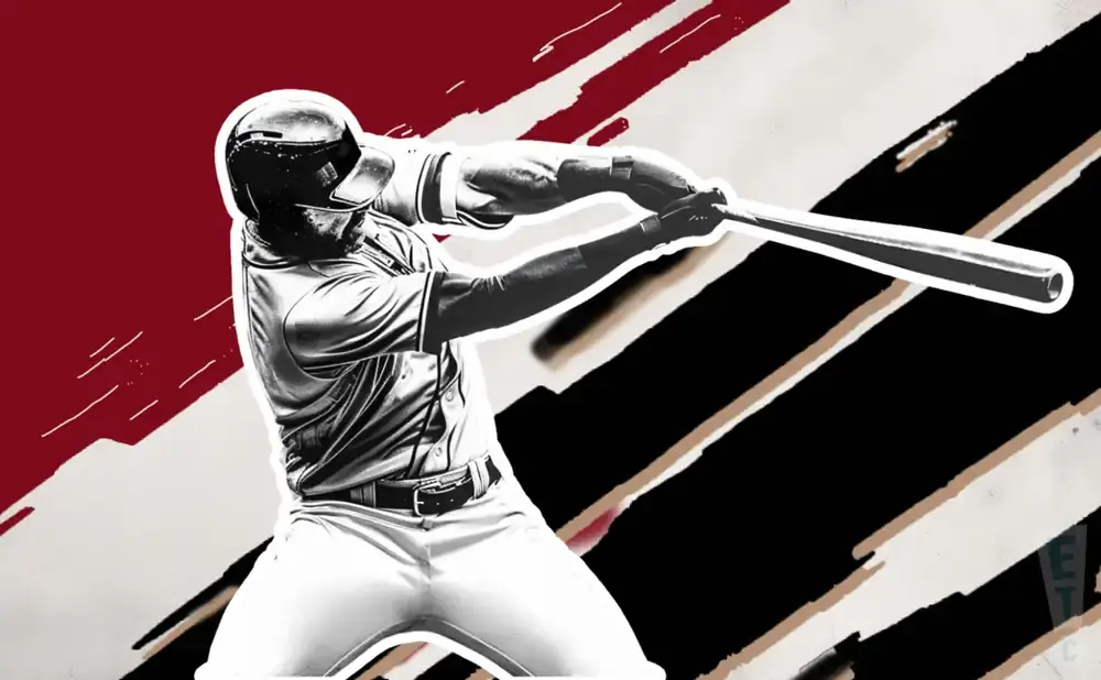 A baseball player swings a bat against a graphic background of red, black, and white stripes.