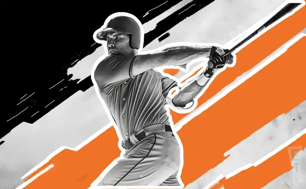 A baseball player in mid-swing, with a black and orange graphic background.