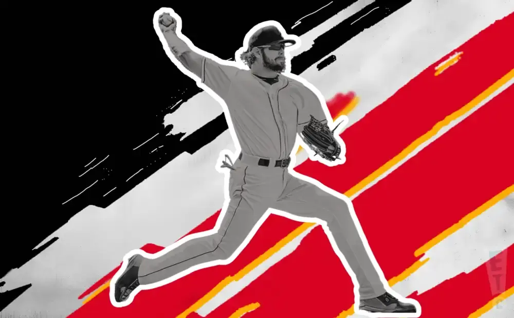 A baseball pitcher in mid-throw against a graphic background with black, white, and red diagonal lines.