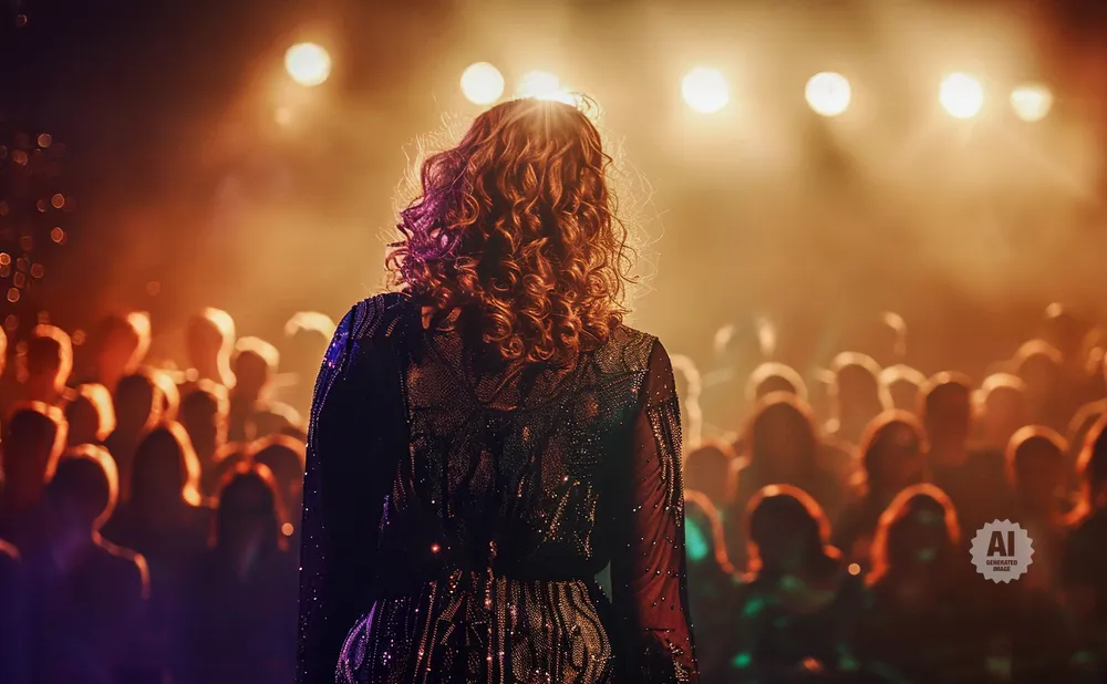 Singer with curly hair on stage, facing away from the audience, bathed in warm spotlights.