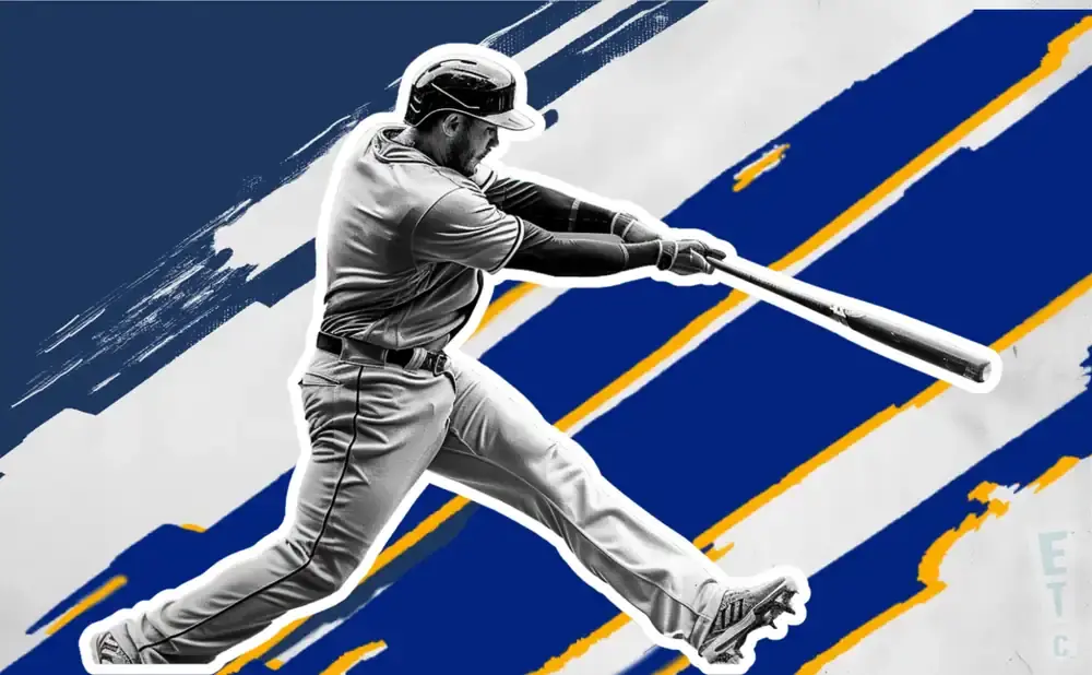 A baseball player swings a bat against a dynamic blue and white background with yellow accents.