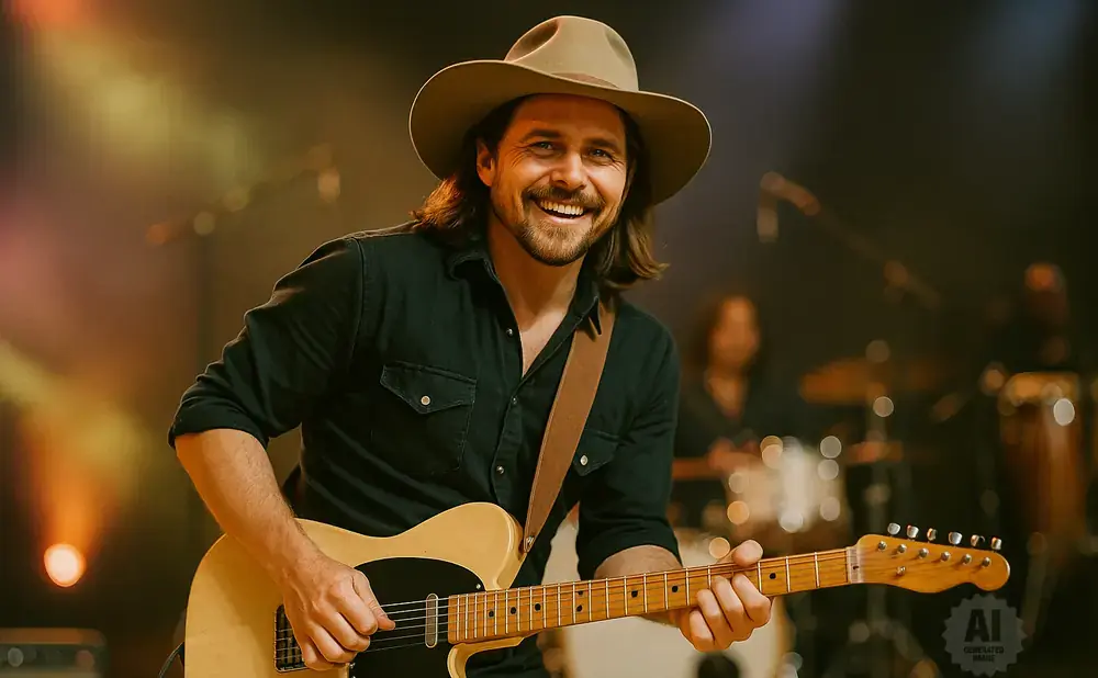 A smiling man in a cowboy hat plays an electric guitar on stage with blurred bandmates in the background.