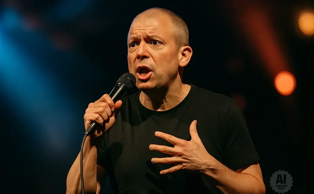 A bald man in a black t-shirt holds a microphone and gestures with his chest, speaking animatedly.
